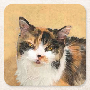 Dessous-de-verre Carré En Papier Peinture de chat Calico - Cute Original Cat Art