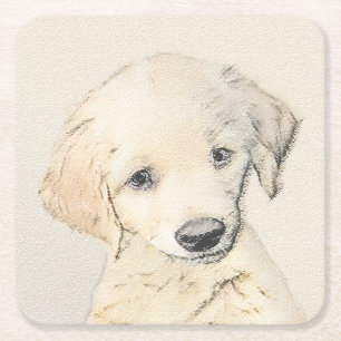 Dessous-de-verre Carré En Papier Peinture de chiot d'or Retriever - Art de chien or