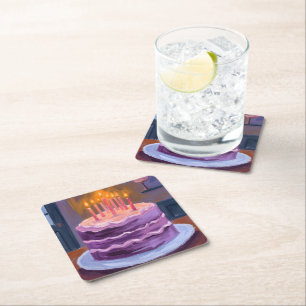 Dessous-de-verre Carré En Papier Peinture de gâteau d'anniversaire violet Fête d'an