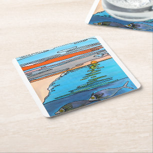 Dessous-de-verre Carré En Papier Peinture Lever de soleil sur l'océan 8 bits par Al