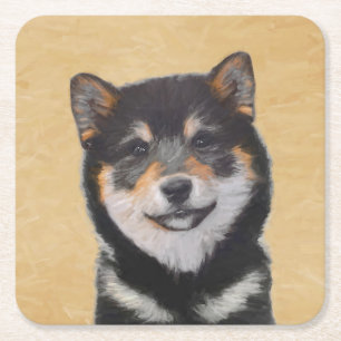 Dessous-de-verre Carré En Papier Peinture Shiba Inu (Noir et Tan) - Art Chien
