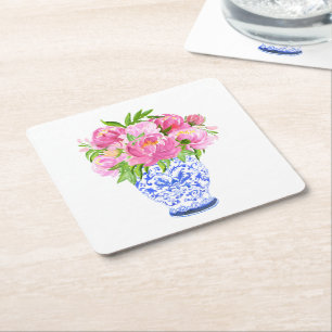 Dessous-de-verre Carré En Papier Peonies Chinoiserie Vase