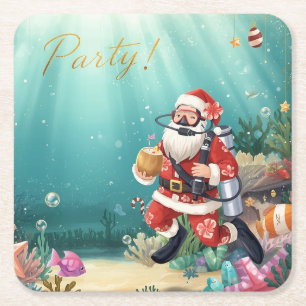 Dessous-de-verre Carré En Papier Père Noël en plongée sous-marine Noël sous l'eau