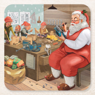 Dessous-de-verre Carré En Papier Père Noël Et Elfes Fabriquent Des Jouets   Noël