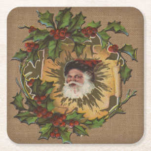 Dessous-de-verre Carré En Papier Père Noël Vintage Antique Houx Noël