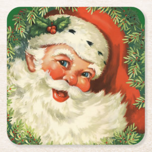 Dessous-de-verre Carré En Papier Père Noël vintage avec couronne de pin