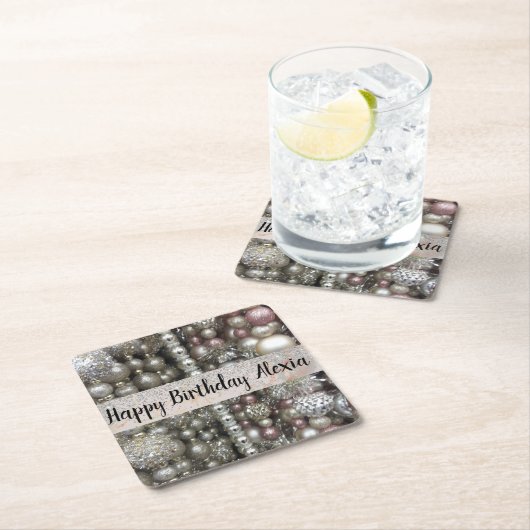 Dessous-de-verre Carré En Papier Perles argentées et roses (En situation)