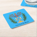 Dessous-de-verre Carré En Papier Persian Magen David Menorah<br><div class="desc">Cette image a été adaptée à partir d'un carrelage juif perse antique et présente une menorah avec un Magen David (Étoile de David) encadré de branches d'olivier. Les imperfections de l'image originale peinte à la main ont été conservées. Ajoutez votre propre texte.</div>