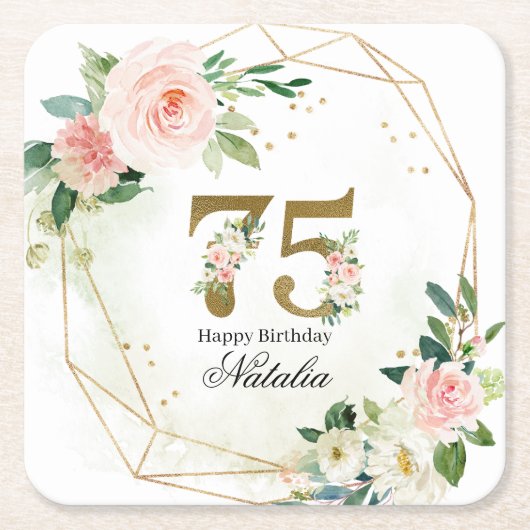Dessous-de-verre Carré En Papier Personalized Gold & Floral 75th Custom (Devant)