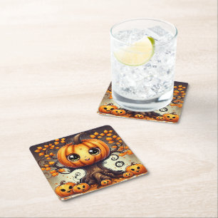 Dessous-de-verre Carré En Papier Petit arbre Citrouille d'Halloween
