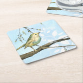 Dessous-de-verre Carré En Papier Petit oiseau jaune perché sur une branche Recherch (Incliné)