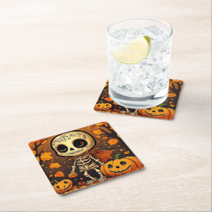 Dessous-de-verre Carré En Papier Petit squelette d'Halloween 1