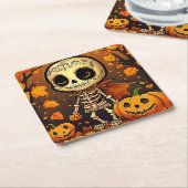 Dessous-de-verre Carré En Papier Petit squelette d'Halloween 1 (Incliné)