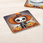 Dessous-de-verre Carré En Papier Petit squelette d'Halloween 2 (Incliné)