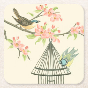 Dessous-de-verre Carré En Papier Petits oiseaux étés perché sur une branche et sur