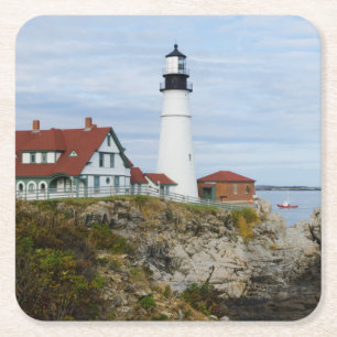 Dessous-de-verre Carré En Papier Phare de Portland Headlight sur une côte rocheuse