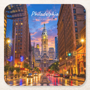 Dessous-de-verre Carré En Papier Philadelphie, États-Unis - Hôtel de ville, ciel cr