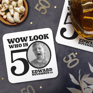 Dessous-de-verre Carré En Papier Photo de 50e anniversaire noir et blanc look qui e