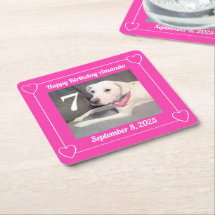 Dessous-de-verre Carré En Papier Photo de chiot mignon d'anniversaire 7 cœurs rose