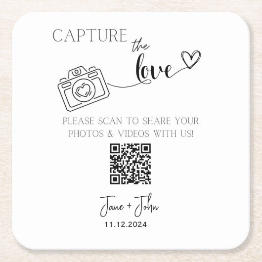 Dessous-de-verre Carré En Papier Photo de mariage personnalisée Code QR Signer Capt (Devant)