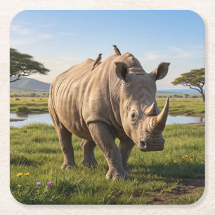 Dessous-de-verre Carré En Papier Photo de rhinocéros massif parcourant les plaines