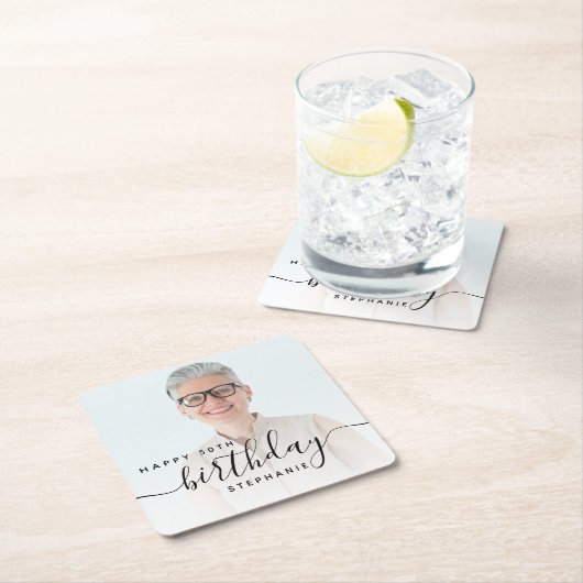 Dessous-de-verre Carré En Papier Photo personnalisée Script noir 50e anniversaire (En situation)