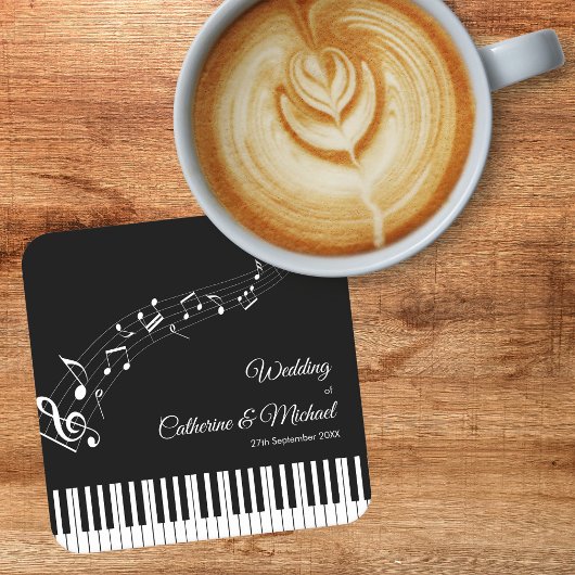 Dessous-de-verre Carré En Papier Piano Keys Notes musicales Mariage noir et blanc
