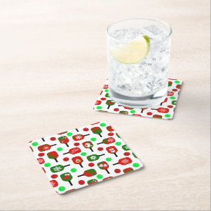 Dessous-de-verre Carré En Papier Pickleball de Noël Rouge Green Paddles Balls X Mas