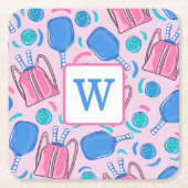 Dessous-de-verre Carré En Papier Pickleball Paddle et Balls Pink Preppy initial (Devant)