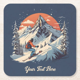 Dessous-de-verre Carré En Papier Pin de montagne vintage Ski orange coucher de sole