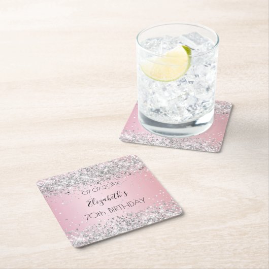 Dessous-de-verre Carré En Papier Pink argent nom élégant anniversaire (En situation)