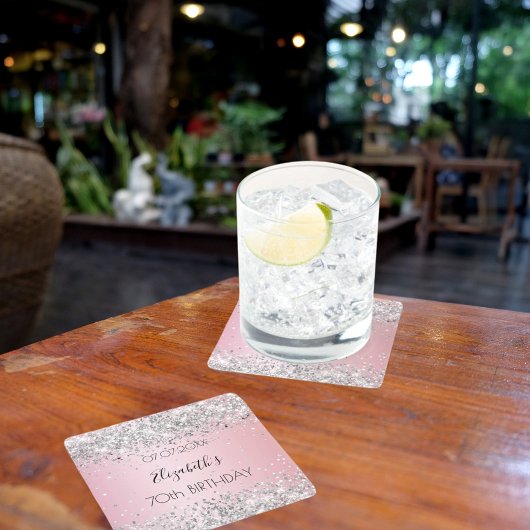 Dessous-de-verre Carré En Papier Pink argent nom élégant anniversaire