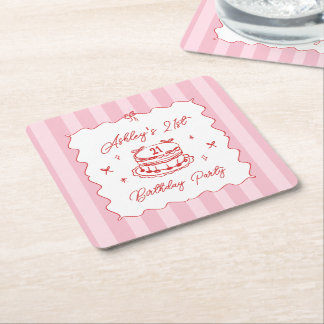 Dessous-de-verre Carré En Papier Pink Coquette Striped Vintage Hand Drawn Birthday