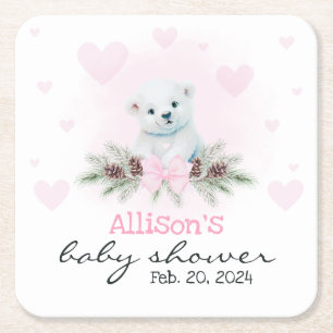Dessous-de-verre Carré En Papier Pink Polar Bear Cub Girl Heart Baby shower d'hiver