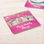 Dessous-de-verre Carré En Papier Pink Sparkle Photo Collage Filles Anniversaire<br><div class="desc">Des pétillants roses décorent ces dessous de verre de fête d'anniversaire de collage photo personnalisés pour une femme,  une adolescente ou une petite fille qui aime les cadeaux étincelants. Cadeau d'anniversaire heureux personnalisé avec 3 photos sur un arrière - plan girly rose chaud.</div>