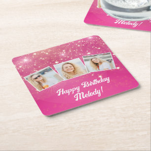 Dessous-de-verre Carré En Papier Pink Sparkle Photo Collage Filles Anniversaire