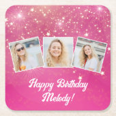 Dessous-de-verre Carré En Papier Pink Sparkle Photo Collage Filles Anniversaire (Devant)