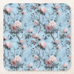 Dessous-de-verre Carré En Papier Pivoines de printemps vintage sur fond bleu