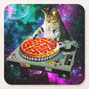 Dessous-de-verre Carré En Papier Pizza de chat du DJ de l'espace