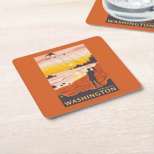 Dessous-de-verre Carré En Papier Plage et cerfs-volants - Ilwaco, Washington (Incliné)