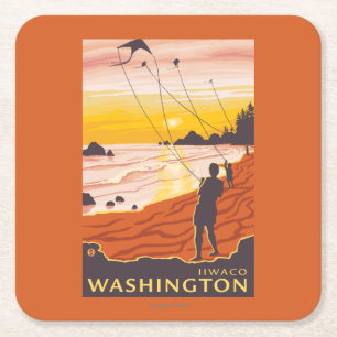 Dessous-de-verre Carré En Papier Plage et cerfs-volants - Ilwaco, Washington