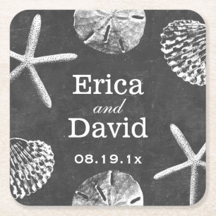 Dessous-de-verre Carré En Papier Plage Mariage Starfish & Seashells Chalkboard