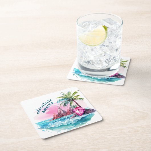 Dessous-de-verre Carré En Papier Plage Palm Tree Mountain View Aventure Attend (En situation)