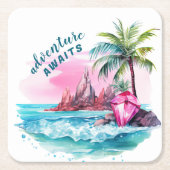 Dessous-de-verre Carré En Papier Plage Palm Tree Mountain View Aventure Attend (Devant)