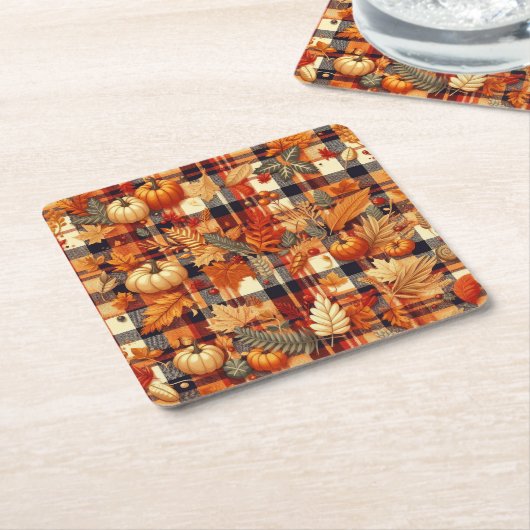 Dessous-de-verre Carré En Papier Plaids d'automne citrouille Maple Feuille (Incliné)