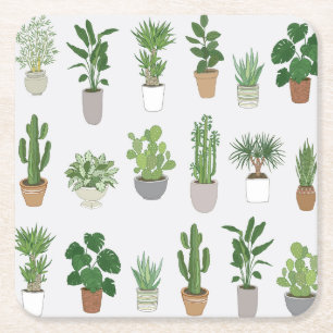 Dessous-de-verre Carré En Papier Plantes de maison, motif vintage de doodle