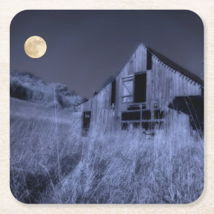 Dessous-de-verre Carré En Papier Pleine lune au-dessus Vieille grange patinée