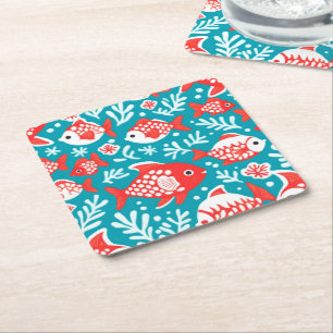 Dessous-de-verre Carré En Papier Poisson rouge et blanc motif bleu