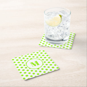 Dessous-de-verre Carré En Papier Polka Dot Monogramme initial Lime vert sur blanc