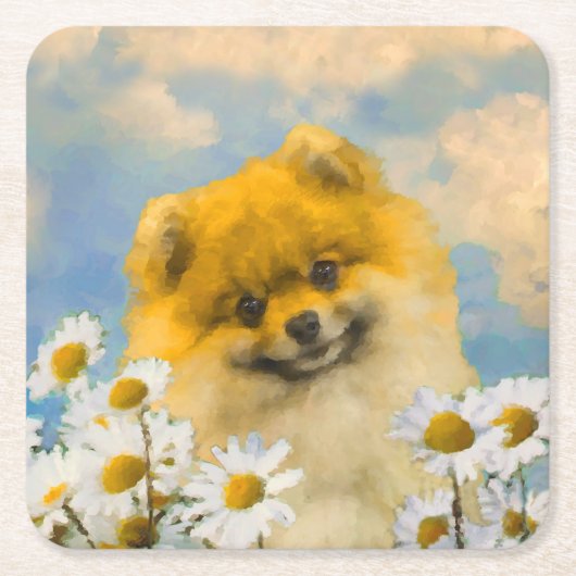 Dessous-de-verre Carré En Papier Poméranien dans Daisies Peinture - Art Chien origi (Devant)